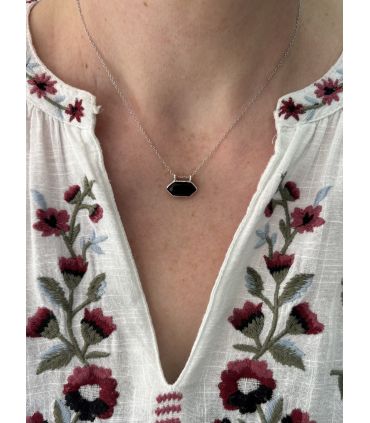 Pendentif en Agate noire sertie pointe Argent rhodié
