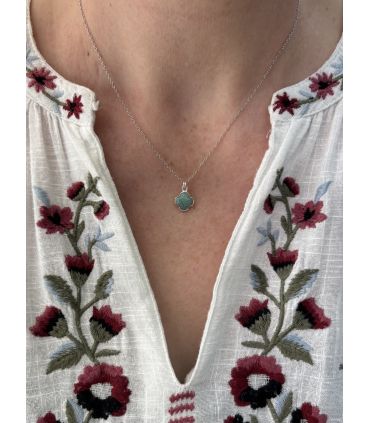 Pendentif en Amazonite sertie trèfle Argent rhodié