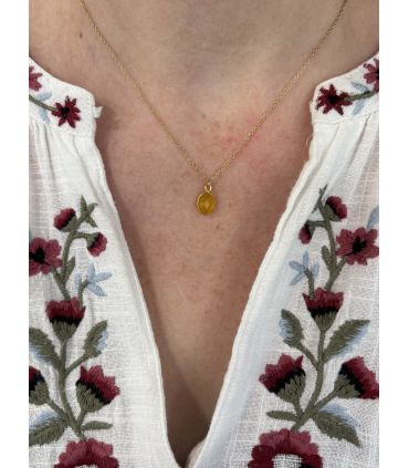 Pendentif en Calcite jaune sertie ovale Plaqué Or