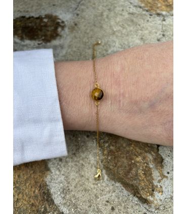 Bracelet en Oeil de tigre serti rond Plaqué or
