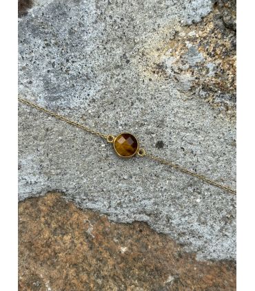 Bracelet en Oeil de tigre serti rond Plaqué or