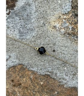 Bracelet en Agate noire sertie trèfle Plaqué Or