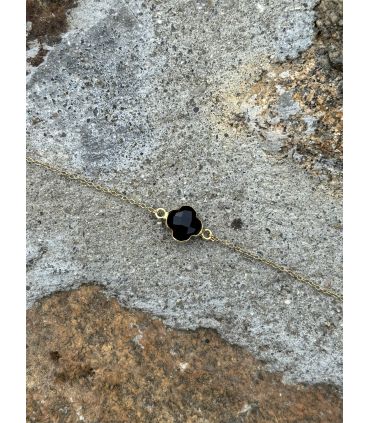 Bracelet en Agate noire sertie trèfle Plaqué Or